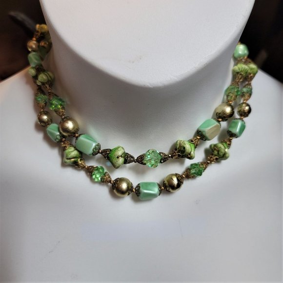 Vintage Double Strand Choker Mint Green Goldtone Necklace - Picture 8 of 8